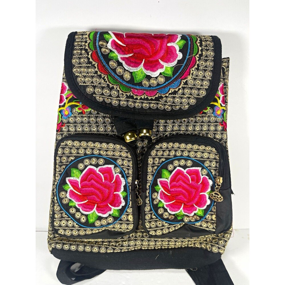 Vintage Boho Embroidered Backpack Rose Floral Canvas Rucksack Tribal Ethnic Bag